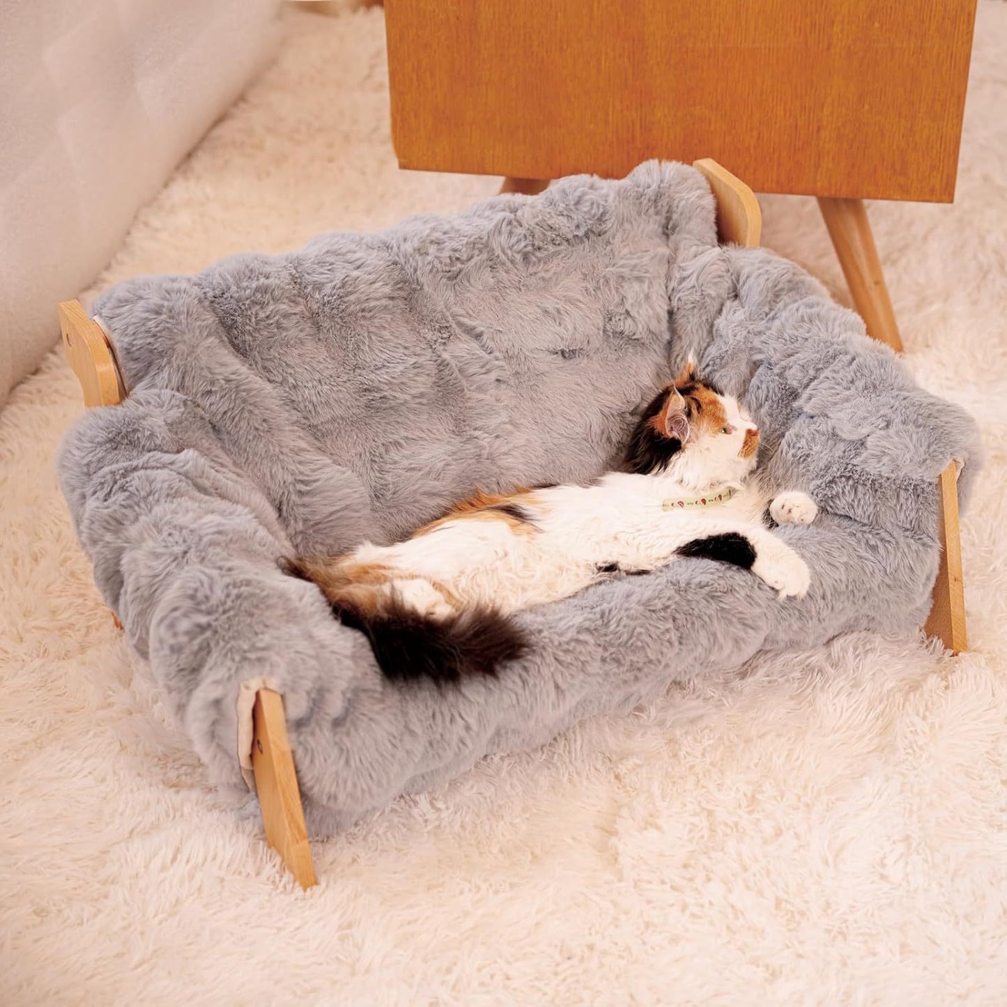 Wooden Cat Sofa Bed | Four-Season Cat Lounger with Removable & Washable Cushion | Durable Pet Furniture